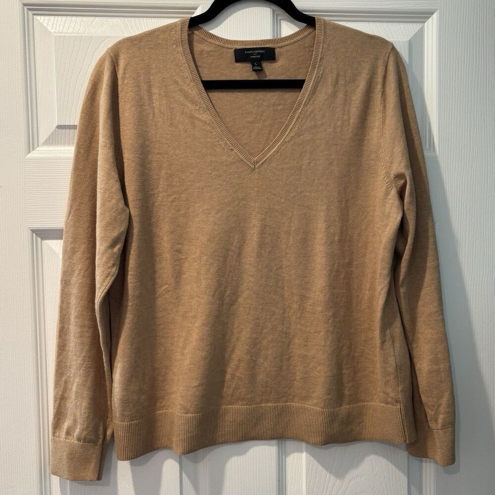 Women’s Banana Republic Camel Sweater V-Neck Long Sleeve Sz Large Coastal Preppy